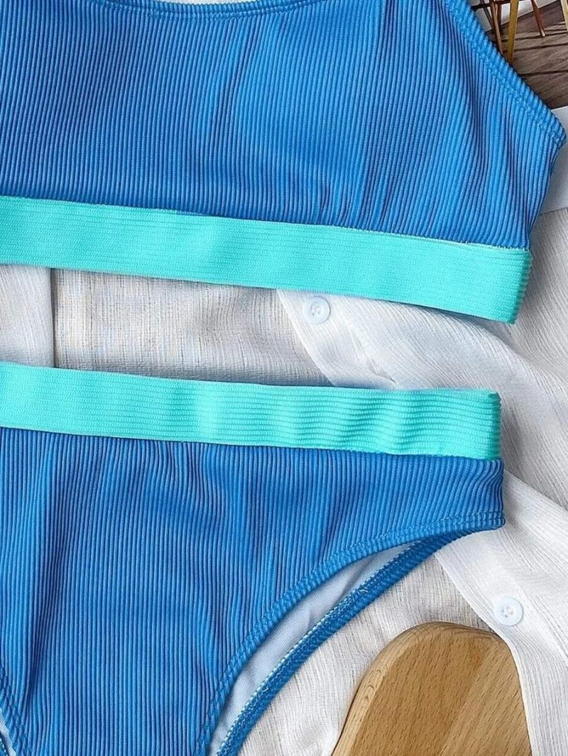 Costum de baie damă cu burete talie înaltă 2 piese Albastru – FITINT 098 - imagine 10