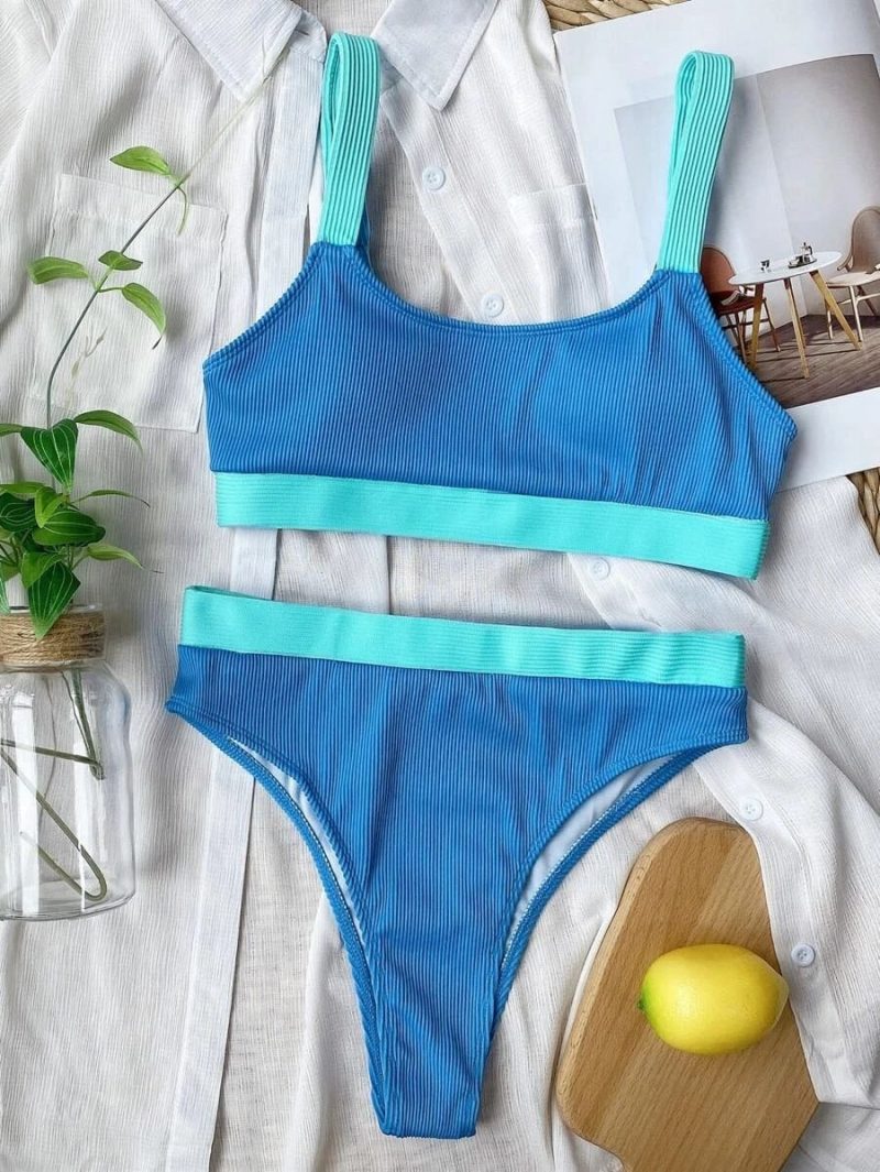 Costum de baie damă cu burete talie înaltă 2 piese Albastru – FITINT 098 - imagine 8