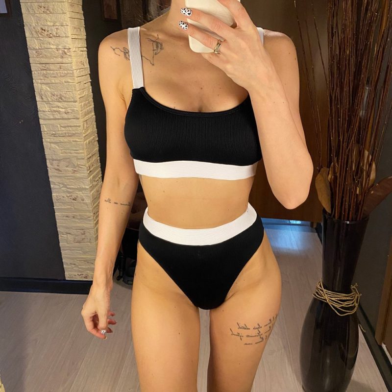 Costum de baie damă cu burete talie înaltă 2 piese Negru – FITINT 097 2025 3