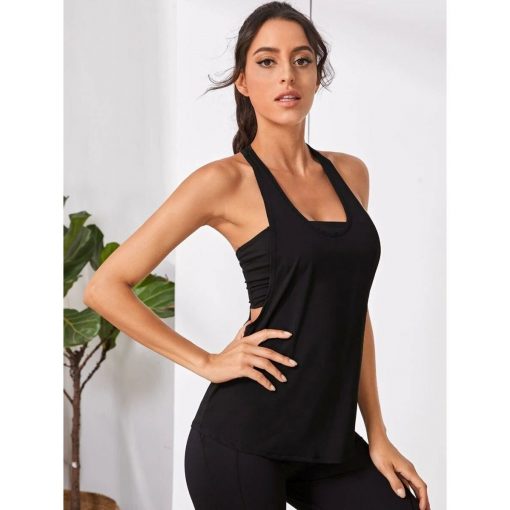 Tricou dama sport FITINT String cu spate decupat Negru 2024 11