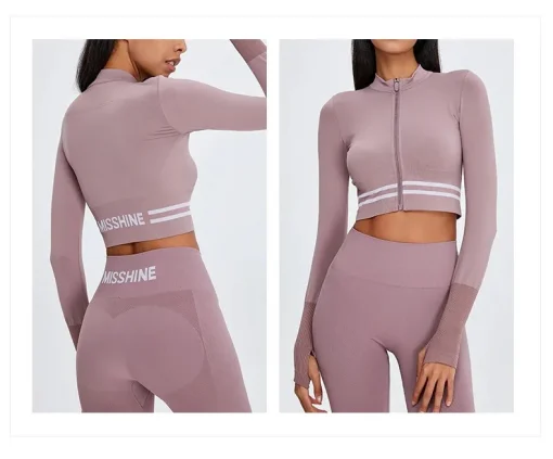 Bluza Sport Crop Top FITINT Misshine cu fermoar Mov 2023 2