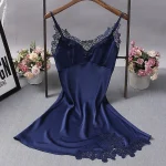 Camasa de noapte FITINT Neglijeu din satin si dantela Albastru 2023 6