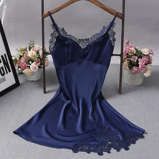 Camasa de noapte FITINT Neglijeu din satin si dantela Albastru 2023 2