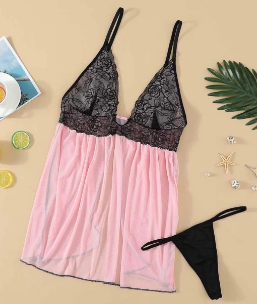 Camasa de noapte satin FITINT Neglijeu cu dantela Roz 2023 2