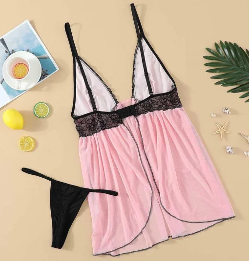 Camasa de noapte satin FITINT Neglijeu cu dantela Roz 2023 3