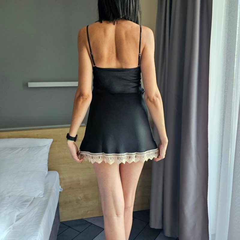 Halat dama satinat FITINT Berlin cu neglijeu 2 piese Negru 2025 2