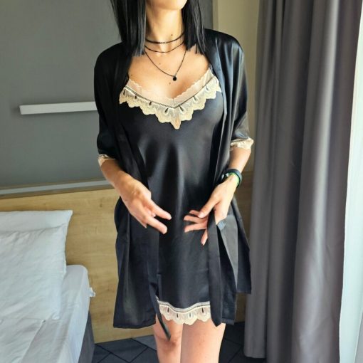 Halat dama satinat FITINT Berlin cu neglijeu 2 piese Negru 2023 5