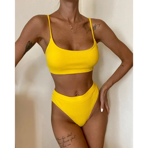 Costum de baie push up FITINT Sidra 2 piese talie inalta Galben 2024 3