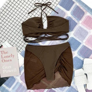 Costum de baie push up FITINT Zora 3 piese cu fusta Maro 2023 29