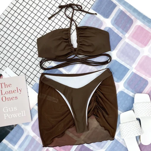 Costum de baie push up FITINT Zora 3 piese cu fusta Maro 2023 4