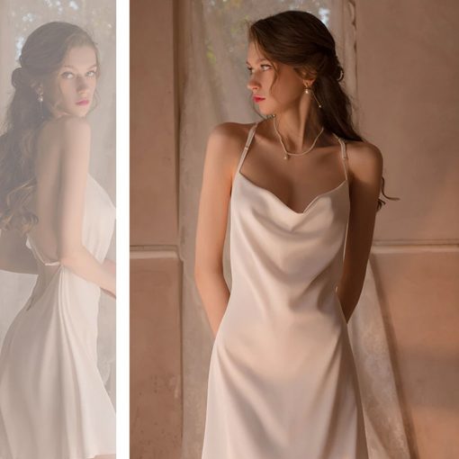 Rochie de noapte satinata FITINT Leon cu dantela Alb 2023 4