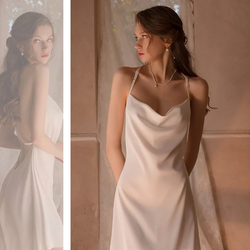 Rochie de noapte satinata FITINT Leon cu dantela Alb 2025 4