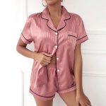 Pijama dama scurta satin FITINT Luna 2 piese cu nasturi Roz 2023 6