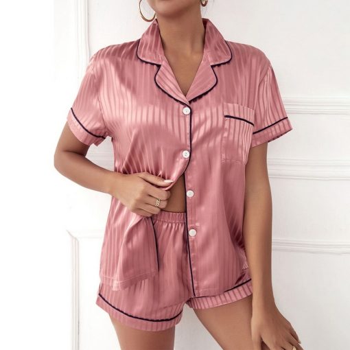 Pijama dama scurta satin FITINT Luna 2 piese cu nasturi Roz 2023 1