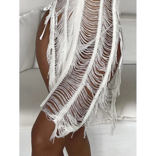Rochie de plaja FITINT cu franjuri Alb 179 2023 9