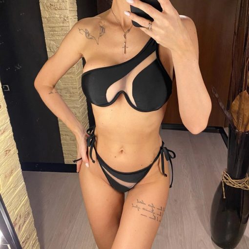 Costum de baie asimetric 2 piese FITINT Amaya cu slip ajustabil Negru 2023 2