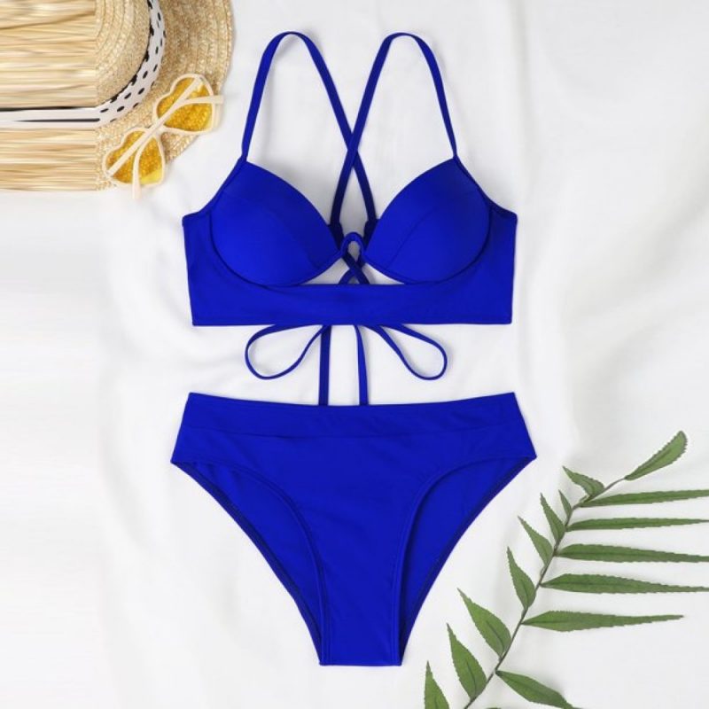 Costum de baie damă push-up talie înaltă 2 piese Albastru – FITINT 408 2025 4