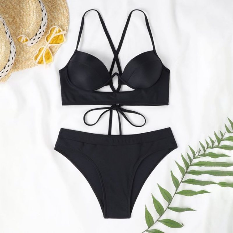 Costum de baie damă push-up talie înaltă 2 piese Negru – FITINT 407 2025 5