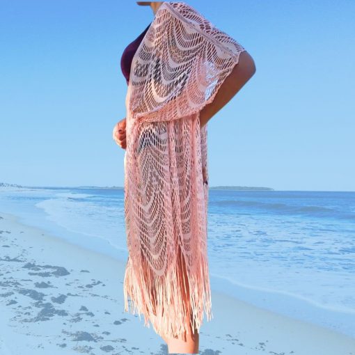 Rochie de plaja tip kimono FITINT cu franjuri Roz 185 2023 2