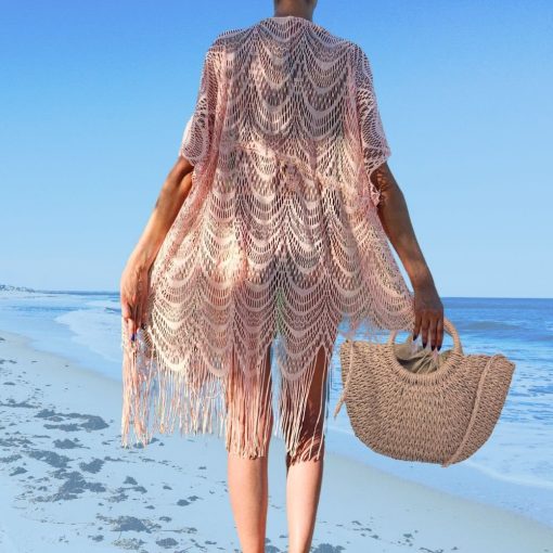 Rochie de plaja tip kimono FITINT cu franjuri Roz 185 2023 1