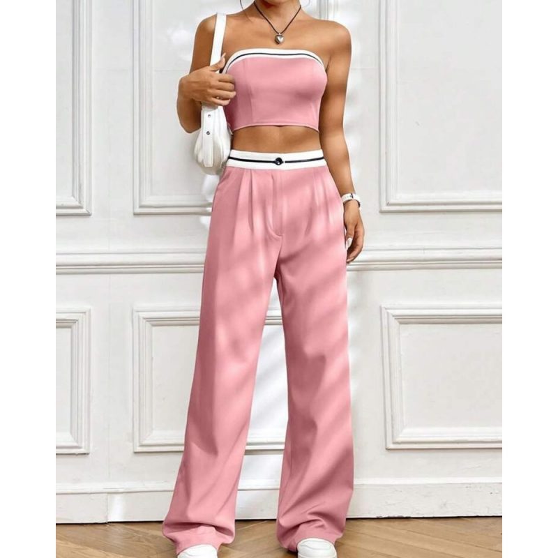 Compleu 2 piese pantaloni lungi si bustiera dama 001 Roz 2025 3