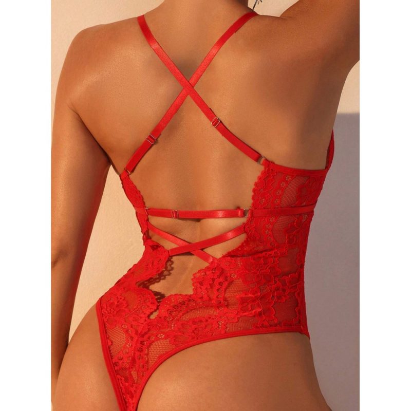 Body dama din dantela cu decolteu adanc FITINT Rosu 367 2025 2