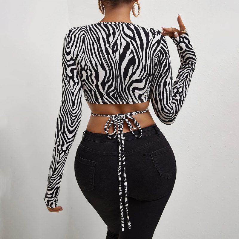 Crop Top cu maneca lunga prindere cu snur FITINT 171 Animal Print Zebra 2025 2