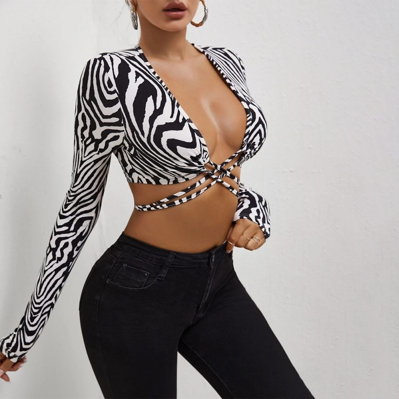 Crop Top cu maneca lunga prindere cu snur FITINT 171 Animal Print Zebra 2025 1