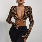 Crop Top cu maneca lunga prindere cu snur FITINT 171 Animal Print Maro 2025 6