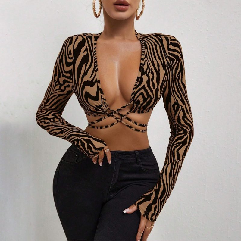 Crop Top cu maneca lunga prindere cu snur FITINT 171 Animal Print Maro 2025 1