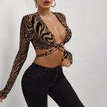 Crop Top cu maneca lunga prindere cu snur FITINT 171 Animal Print Maro 2025 10