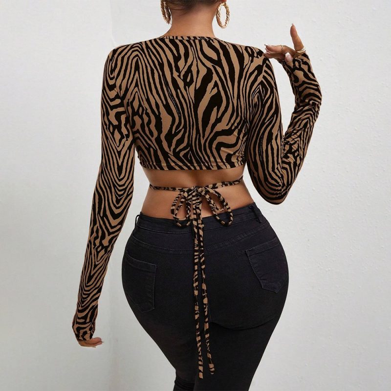 Crop Top cu maneca lunga prindere cu snur FITINT 171 Animal Print Maro 2025 5
