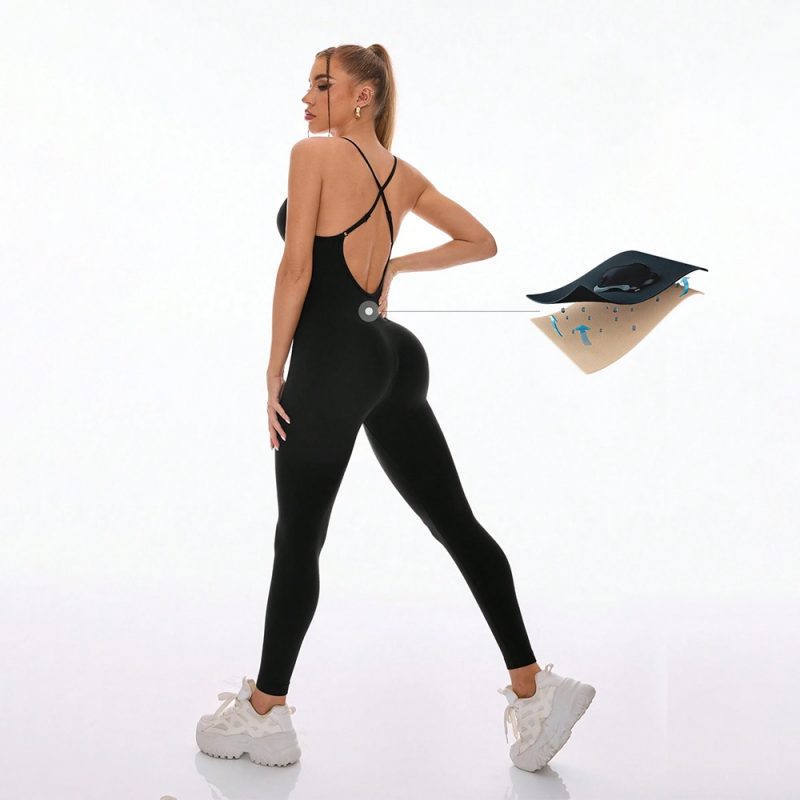 Salopetă fitness damă fără cusături push-up Negru – FITINT 204 2025 5