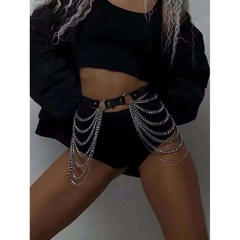 Centura din piele cu lanturi pentru party / festivaluri Negru 129 2025 3
