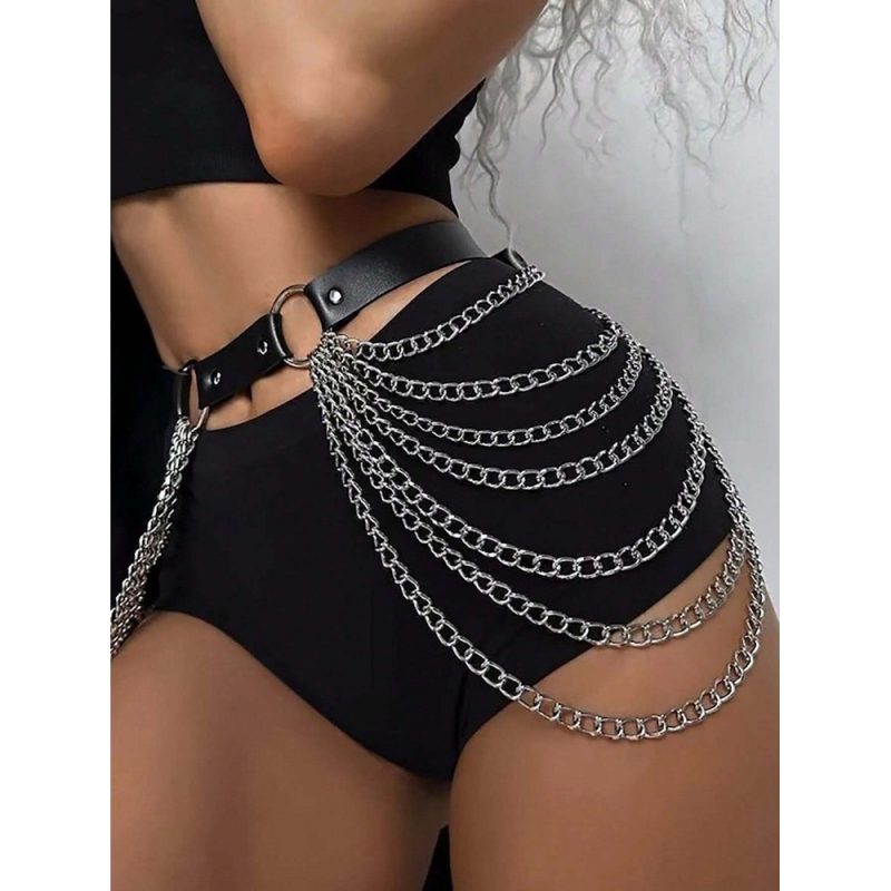 Centura din piele cu lanturi pentru party / festivaluri Negru 129 2025 1
