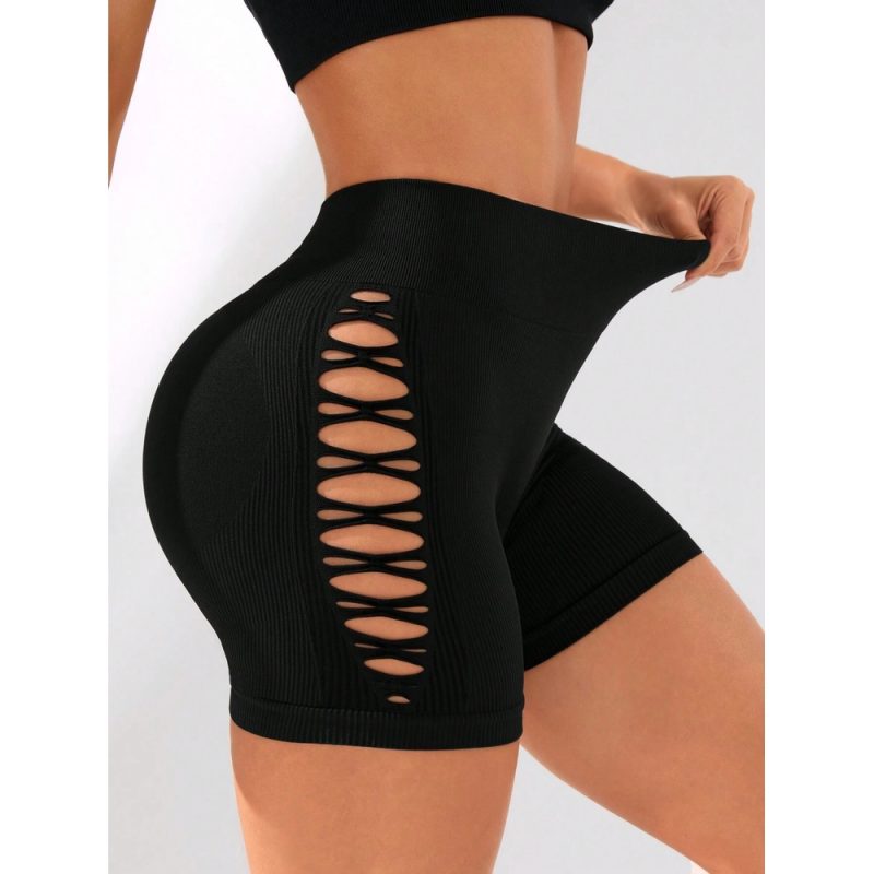 Pantaloni scurți sport damă fără cusături cu talie înaltă cu model Negru – 337 2025 1