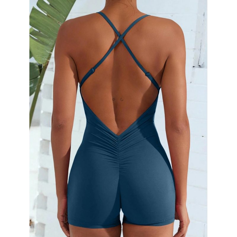 Salopetă damă scurta pliuri încrucișate Spate gol Albastru – FITINT 508 2025 6