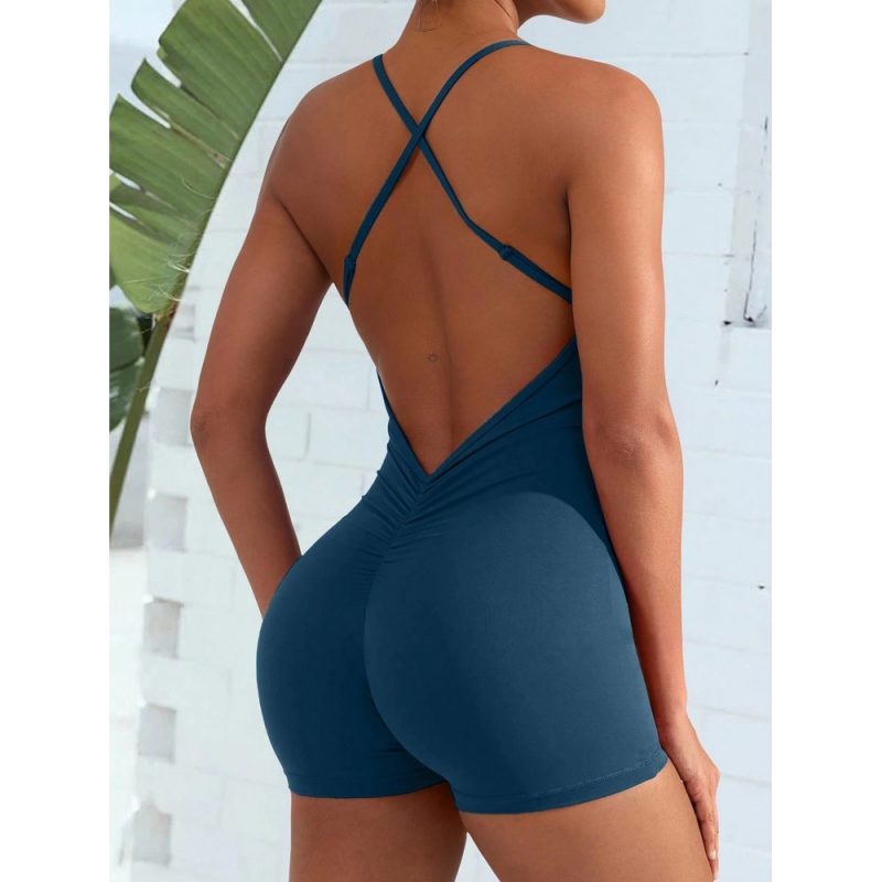 Salopetă damă scurta pliuri încrucișate Spate gol Albastru – FITINT 508 2025 2