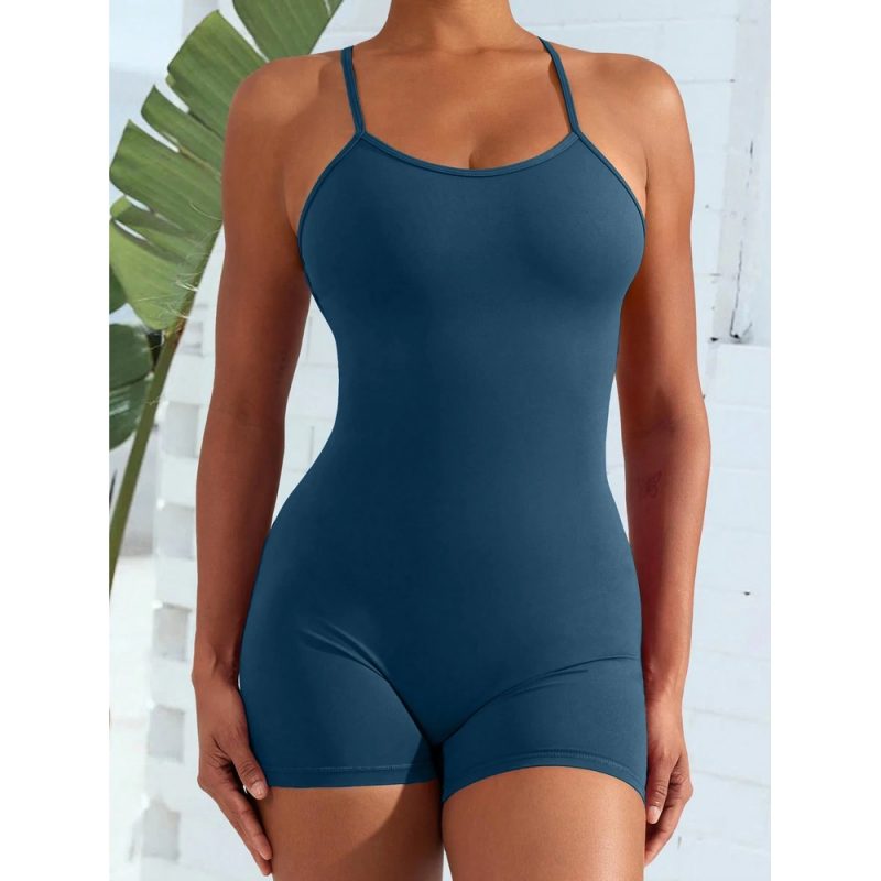 Salopetă damă scurta pliuri încrucișate Spate gol Albastru – FITINT 508 2025 3
