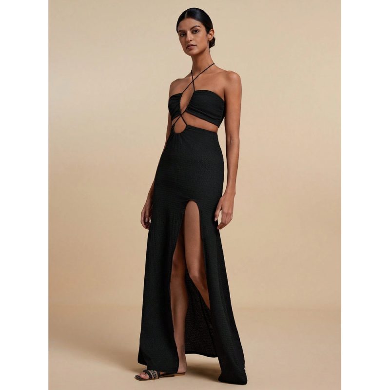 Rochie damă lunga casual decupaj lateral cu spate gol Negru – FITINT 230 2025 3