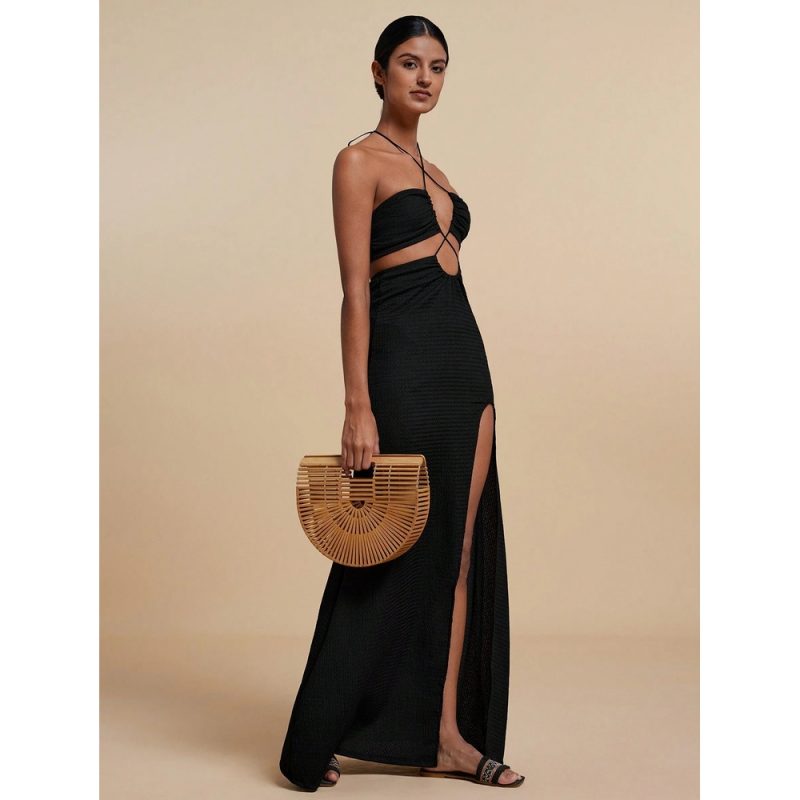 Rochie damă lunga casual decupaj lateral cu spate gol Negru – FITINT 230 2025 4