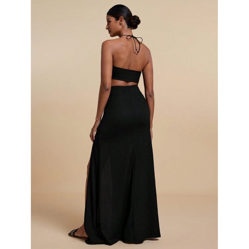 Rochie damă lunga casual decupaj lateral cu spate gol Negru – FITINT 230 2025 5