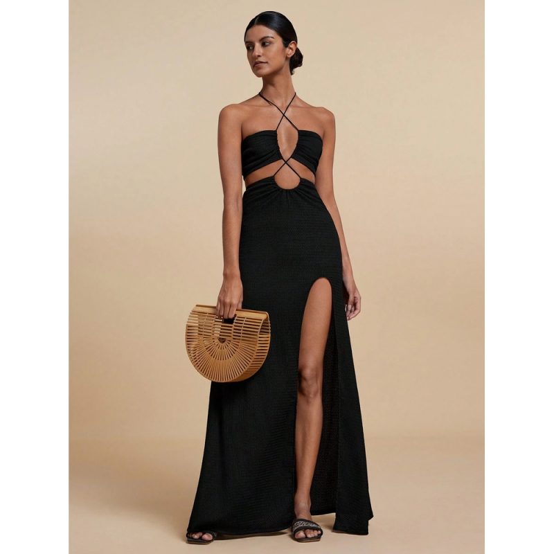Rochie damă lunga casual decupaj lateral cu spate gol Negru – FITINT 230 2025 6