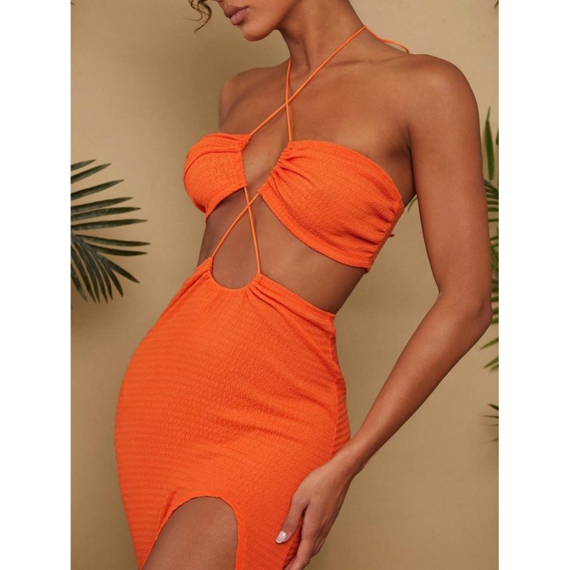 Rochie damă lunga casual decupaj lateral cu spate gol Portocaliu – FITINT 230 2025 4