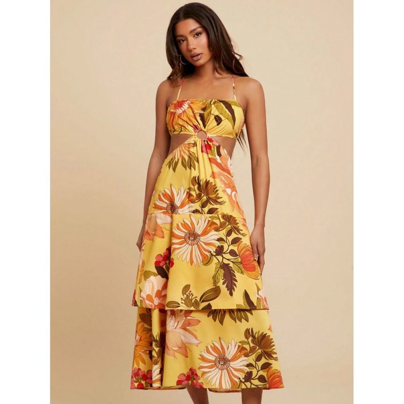 Rochie damă midi imprimeu floral cu spate decupat Galben - FITINT 452 2025 3