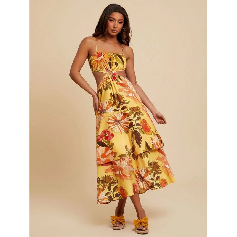 Rochie damă midi imprimeu floral cu spate decupat Galben - FITINT 452 2025 4