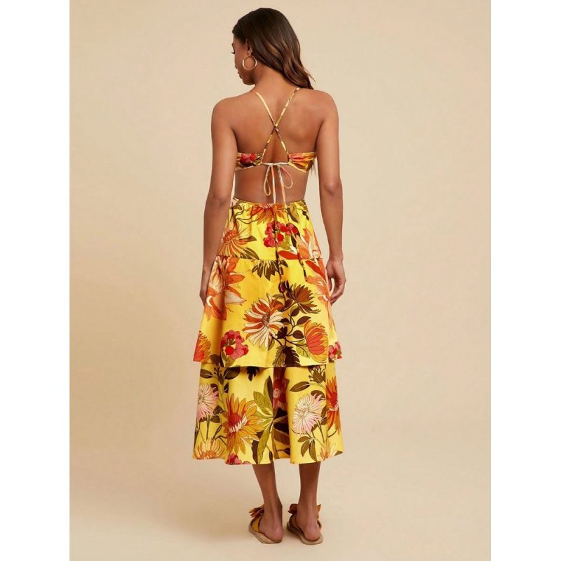 Rochie damă midi imprimeu floral cu spate decupat Galben - FITINT 452 2025 2