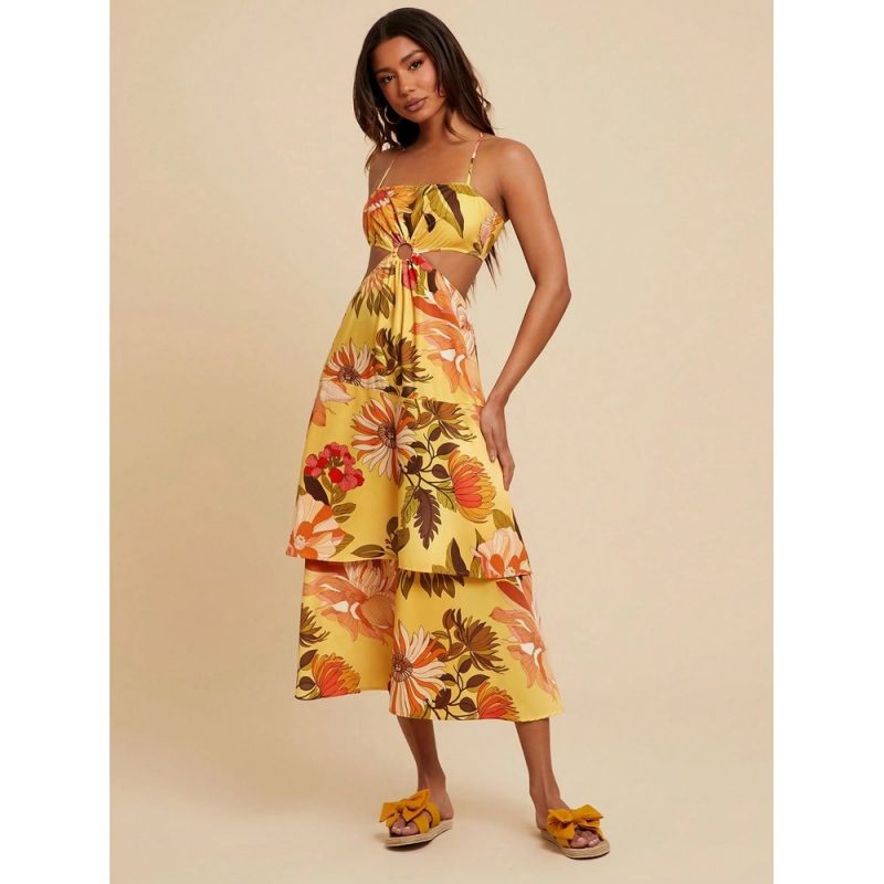 Rochie damă midi imprimeu floral cu spate decupat Galben - FITINT 452 2025 1