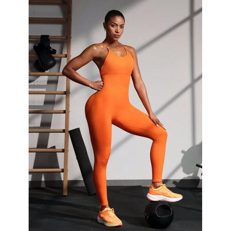 Salopetă fitness damă push-up Portocaliu – FITINT 380 2025 2