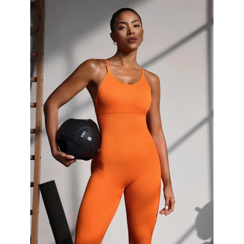 Salopetă fitness damă push-up Portocaliu – FITINT 380 2025 4